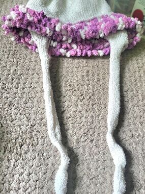 Plush Crochet Trim Winter Hat with Long Tassel Ties in White and Purple